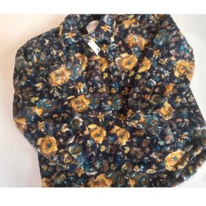 Natural Reflections Womens Floral Sherpa Fleece Jacket Shacket Navy Yellow L NWT